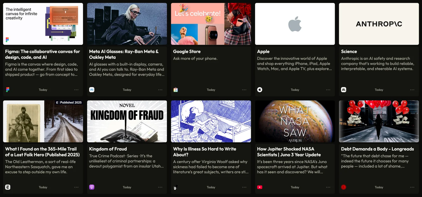 Screenshot: saved links in Stash, each with its preview